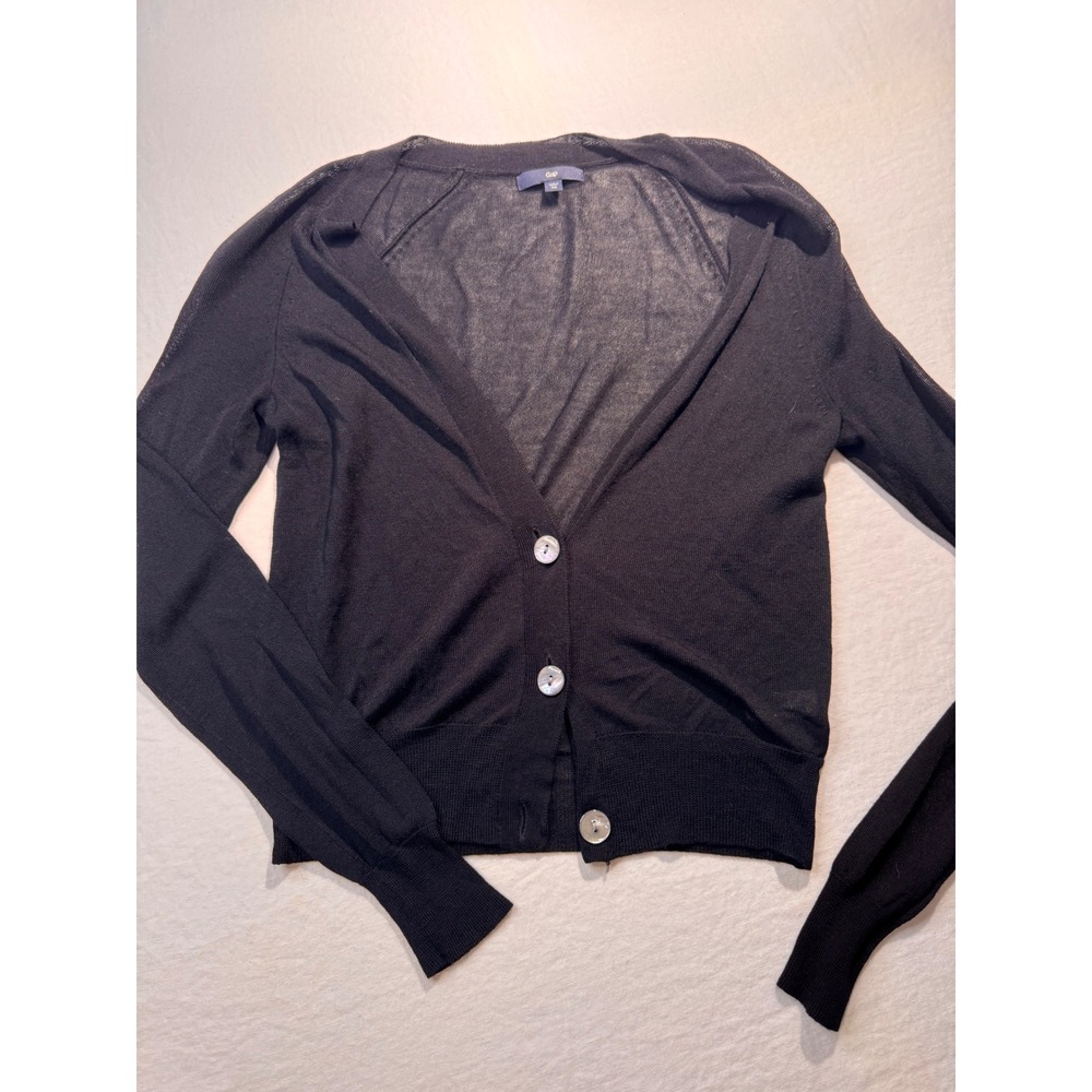 Gap Womens Black Sheer Fine Knit V-Neck Button Front Cardigan Sweater XS 850497